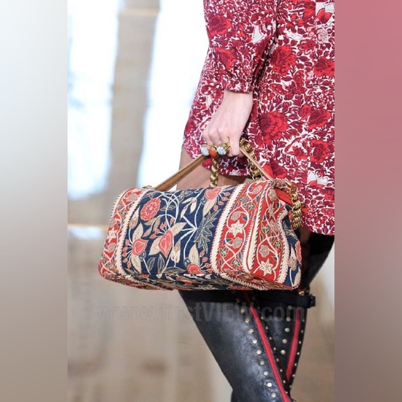 Tory Burch Tapestry Embroidered Barrel Bag Floral Carpet Navy Red Gold GUC - Picture 14 of 14